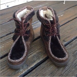 Woodbridge Brown Suede Ankle Boots 8 EU 39 Leather Faux Fur Trim Boho Wedge Heel